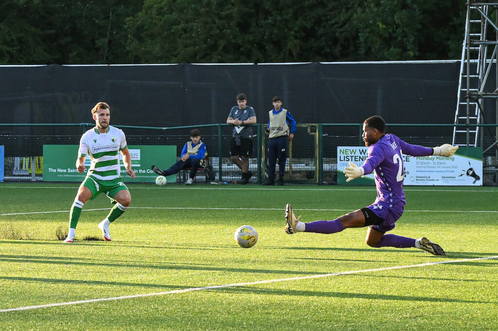 The New Saints Ben Wilson has a shot saved against KF Shkendija in the UEFA Champions League